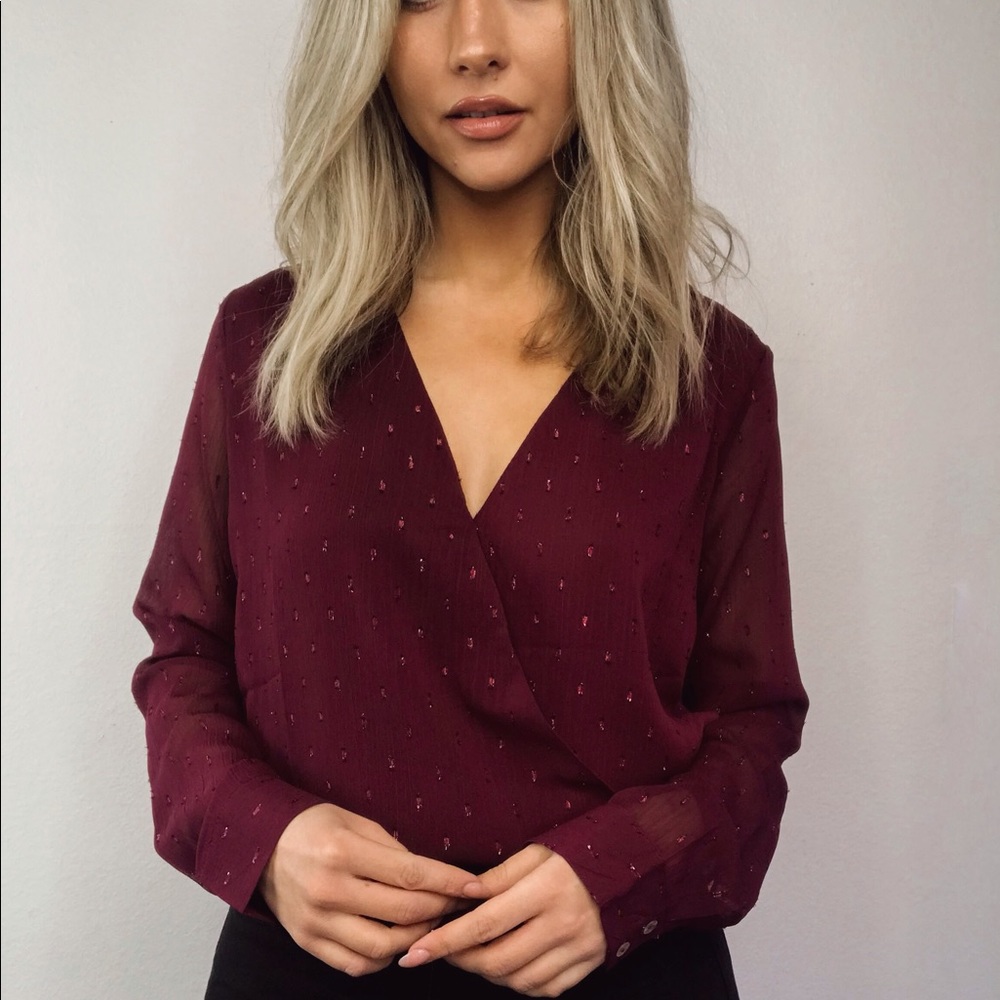Merlot Burgundy sheer wrap blouse - Picture 6 of 6